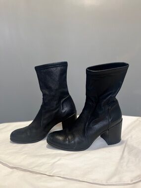 Stuart Weitzman Black Mid-Calf Block Heel Stretch Boots